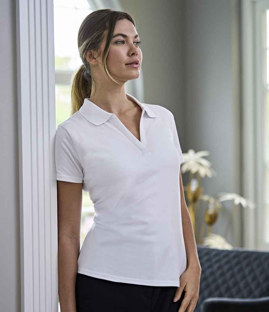 Tee Jays Ladies Luxury Stretch V Neck Polo Shirt | White - Lancashire Teamwear