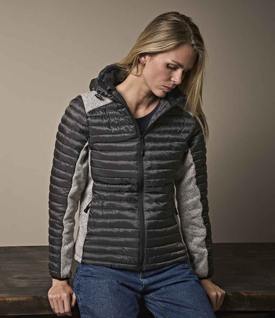 Tee Jays Ladies Crossover Hooded Padded Outdoor Jacket | Space Grey/Grey Melange - Lancashire Teamwear