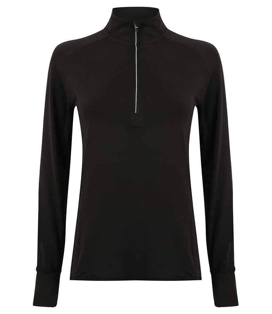 Tombo Ladies Long Sleeve Zip Neck Performance Top | Black Sweatshirt - Lancashire Teamwear