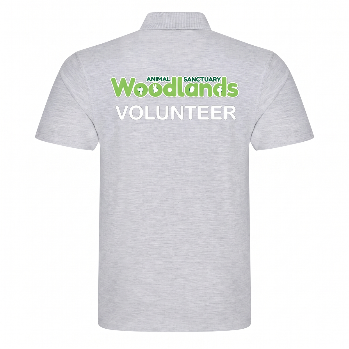 Woodlands Animal Sanctuary Volunteer Polo Shirt in Heather Grey with printed back logo