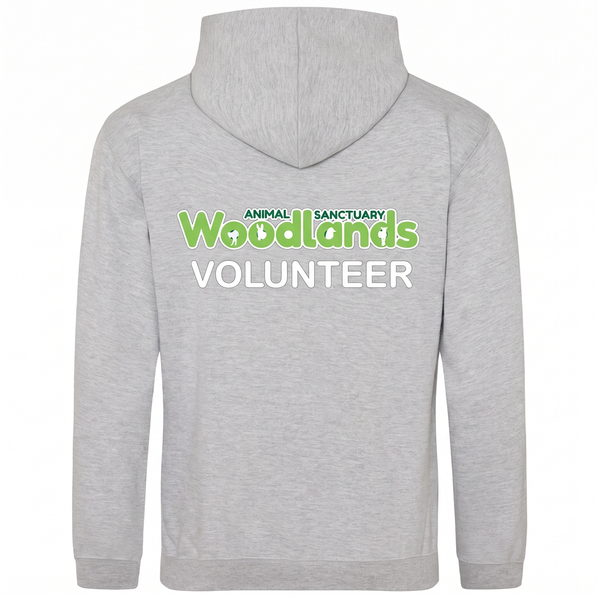 Woodlands Animal Sanctuary Volunteer Hoodie in Heather Grey with printed back logo