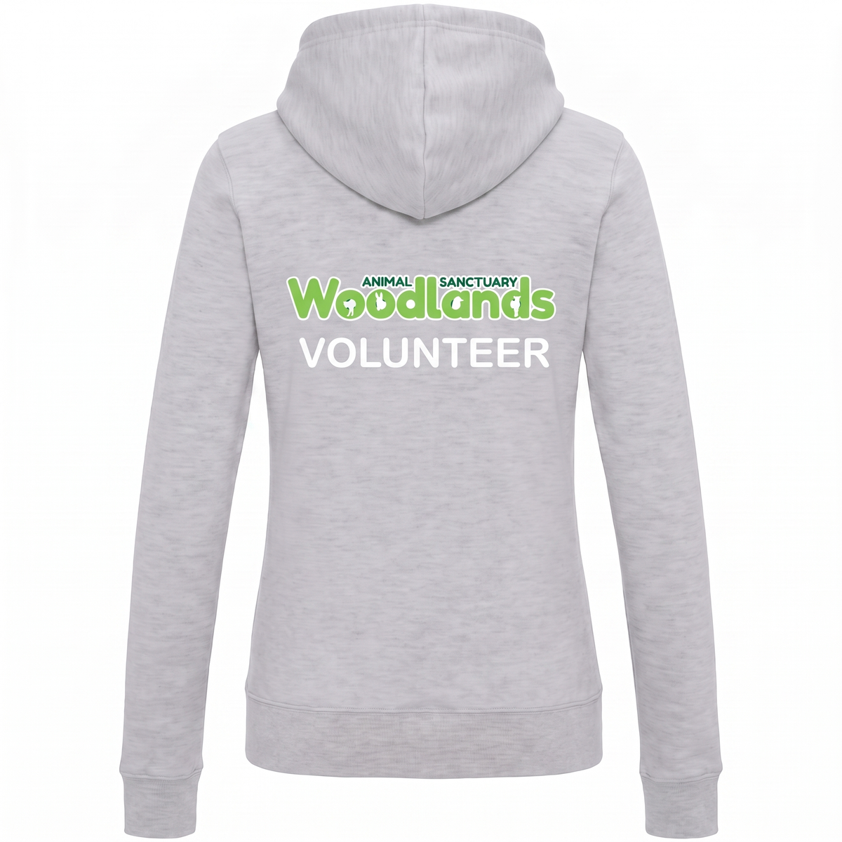 Woodlands Animal Sanctuary Volunteer Ladies Fitted Hoodie in Heather Grey with printed back logo