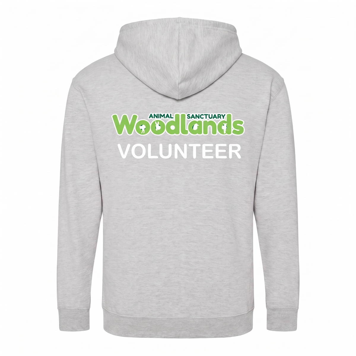 Woodlands Animal Sanctuary Volunteer Full Zip Hoodie in Heather Grey with printed back logo
