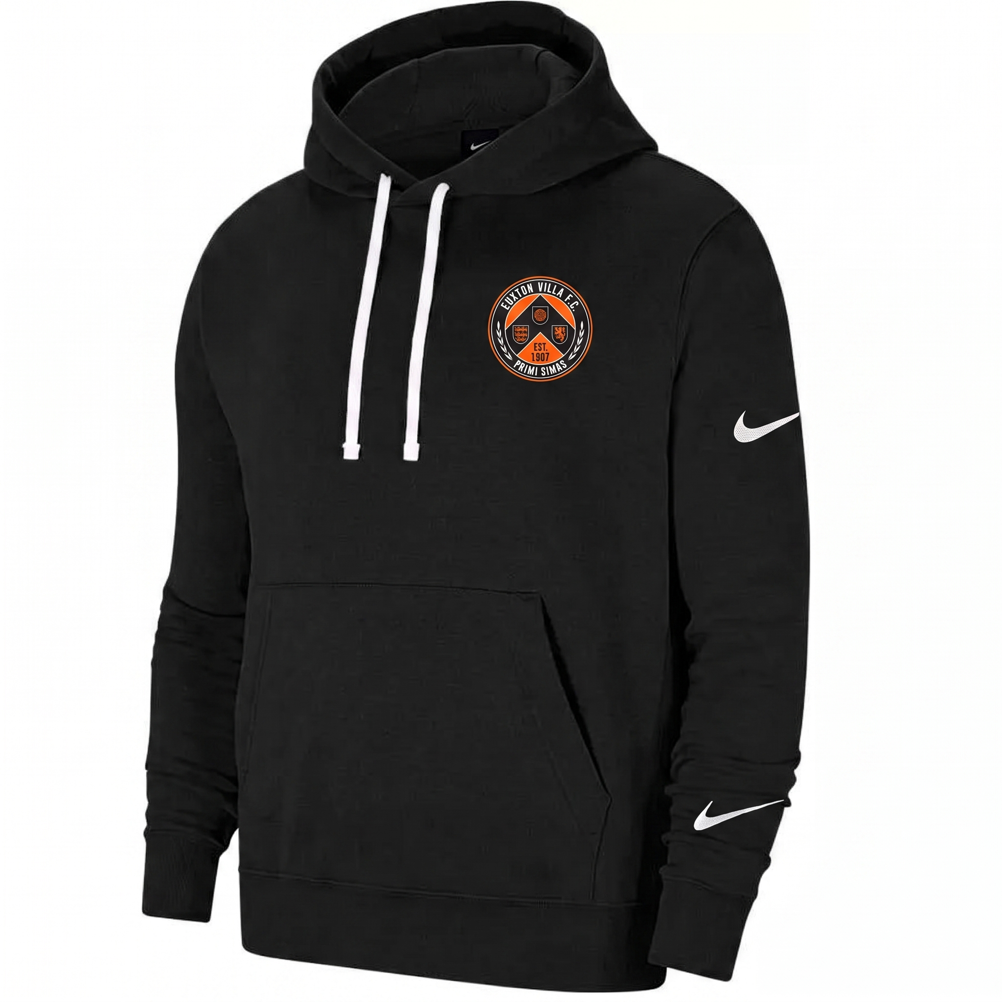 Euxton Villa FC Nike Park 26 Fleece Pull Over Hooded in Black (AI-generated product photo with embroidered club badge composite - zoom in and check crest lettering before publishing)