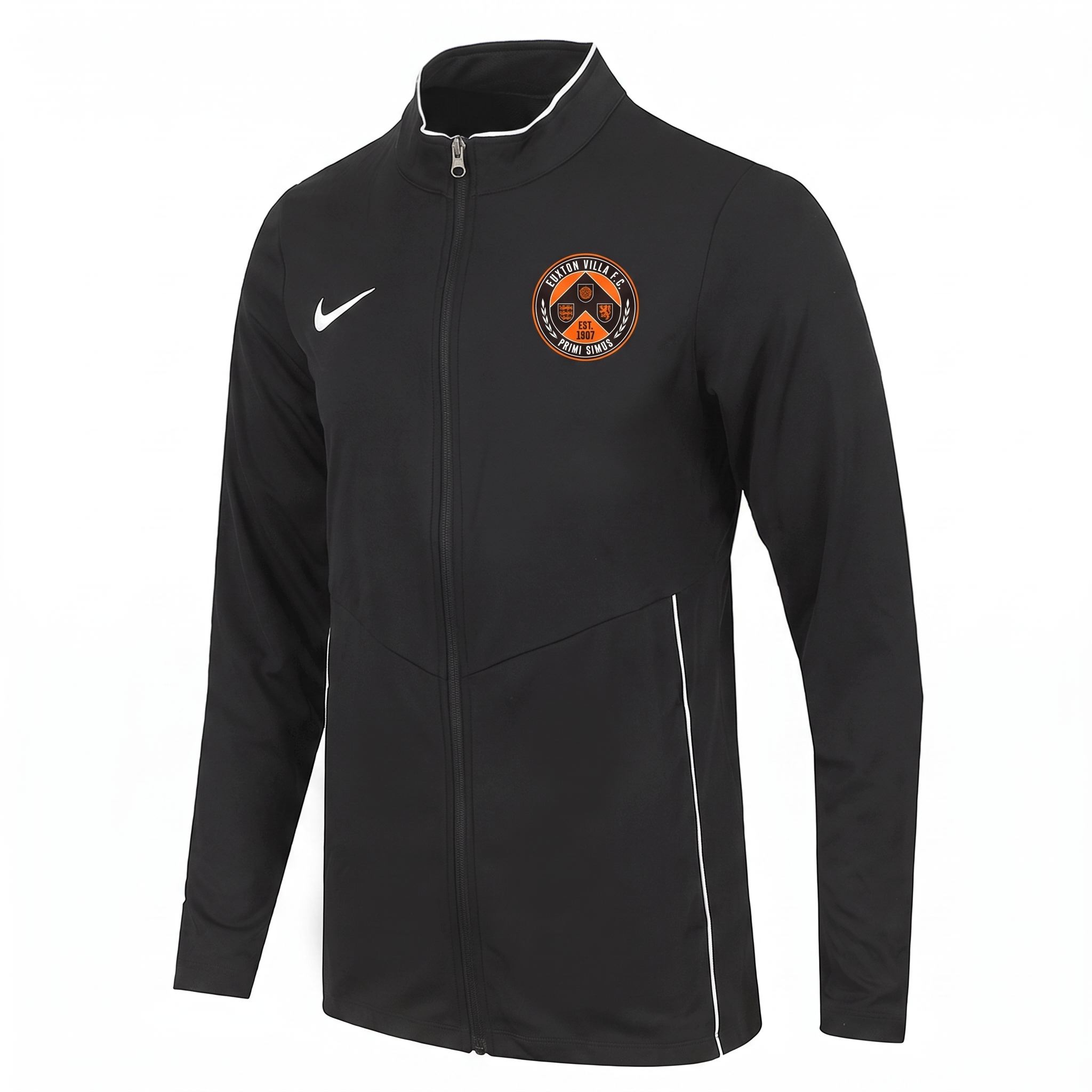Euxton Villa FC Nike Park 26 Knit Track Jacket in Black (AI-generated product photo with embroidered club badge composite - zoom in and check crest lettering before publishing)