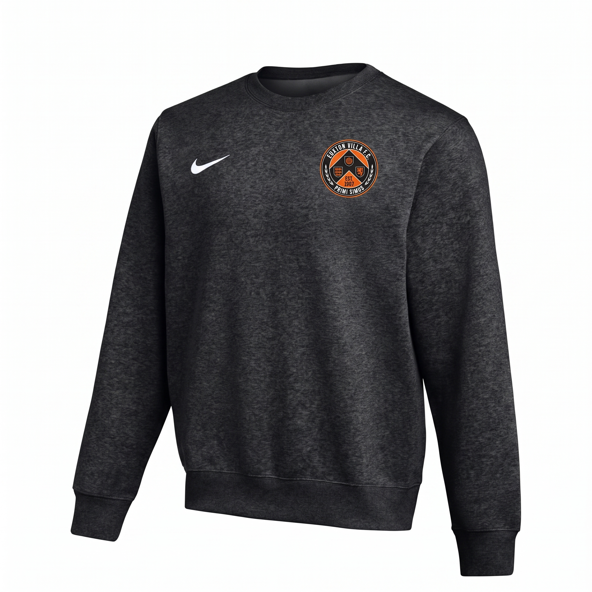 Euxton Villa FC Nike Park 26 Fleece Crew in Black (AI-generated product photo with embroidered club badge composite - zoom in and check crest lettering before publishing)