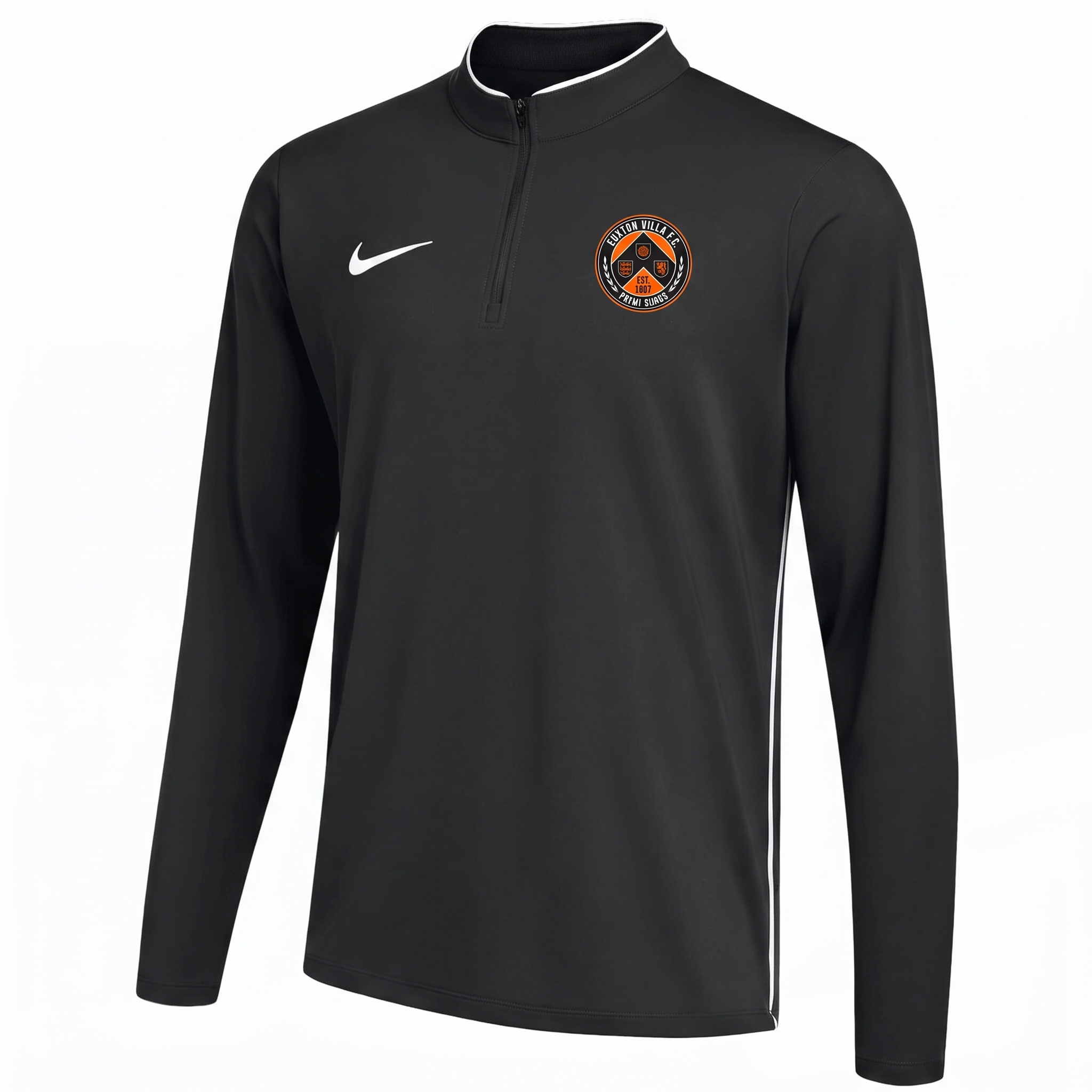 Euxton Villa FC Nike Park 26 Drill Top in Black (AI-generated product photo with embroidered club badge composite - zoom in and check crest lettering before publishing)