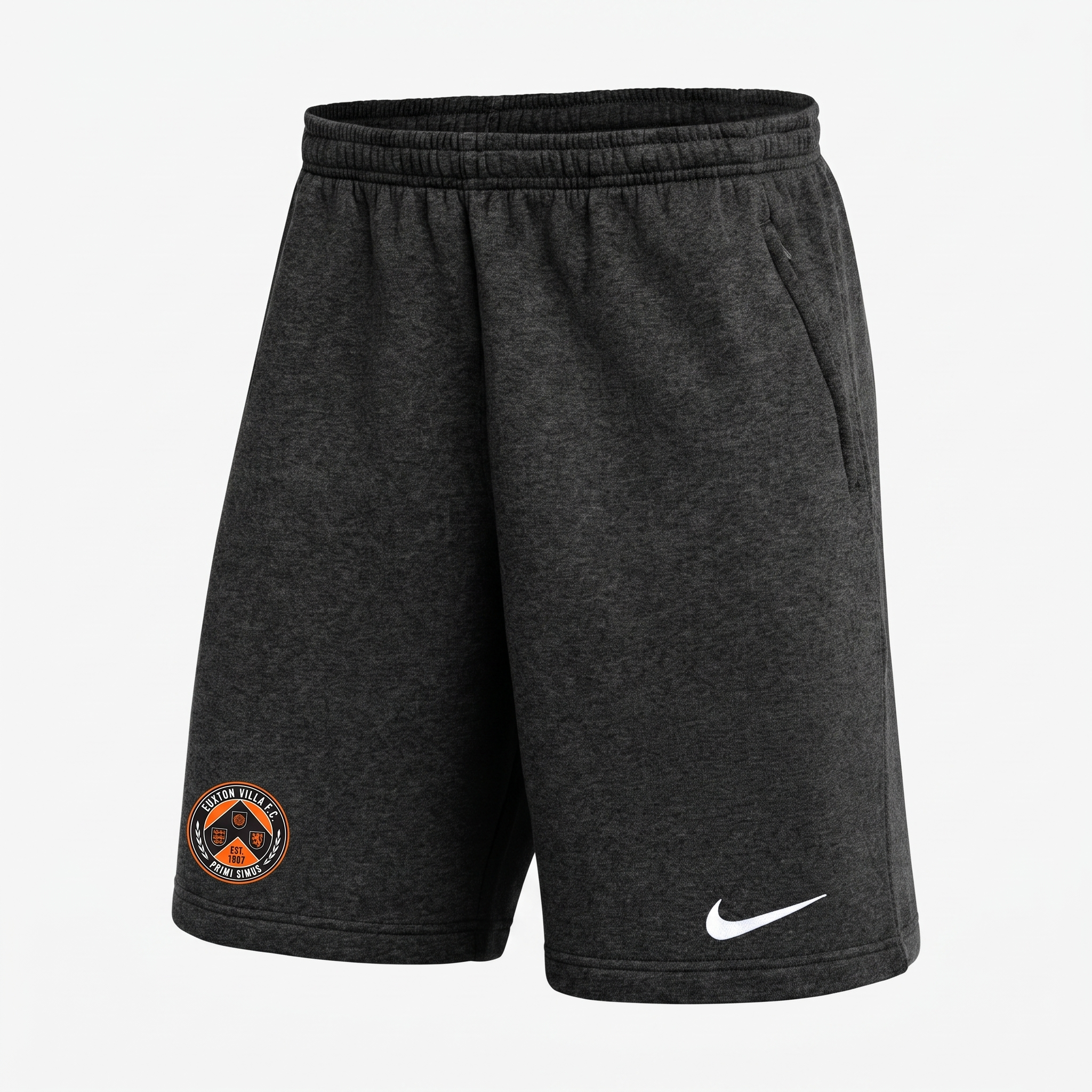 Euxton Villa FC Nike Park 26 Fleece Knit Zippered Short in Black (AI-generated product photo with embroidered club badge composite - zoom in and check crest lettering before publishing)