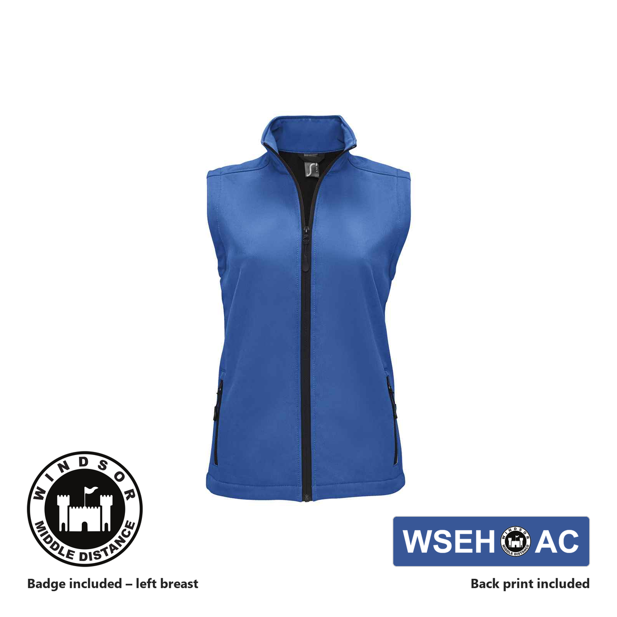 Windsor Middle Distance SOL'S Ladies Soft Shell Bodywarmer in Royal Blue, club badge included on the left breast, WSEH AC back print included