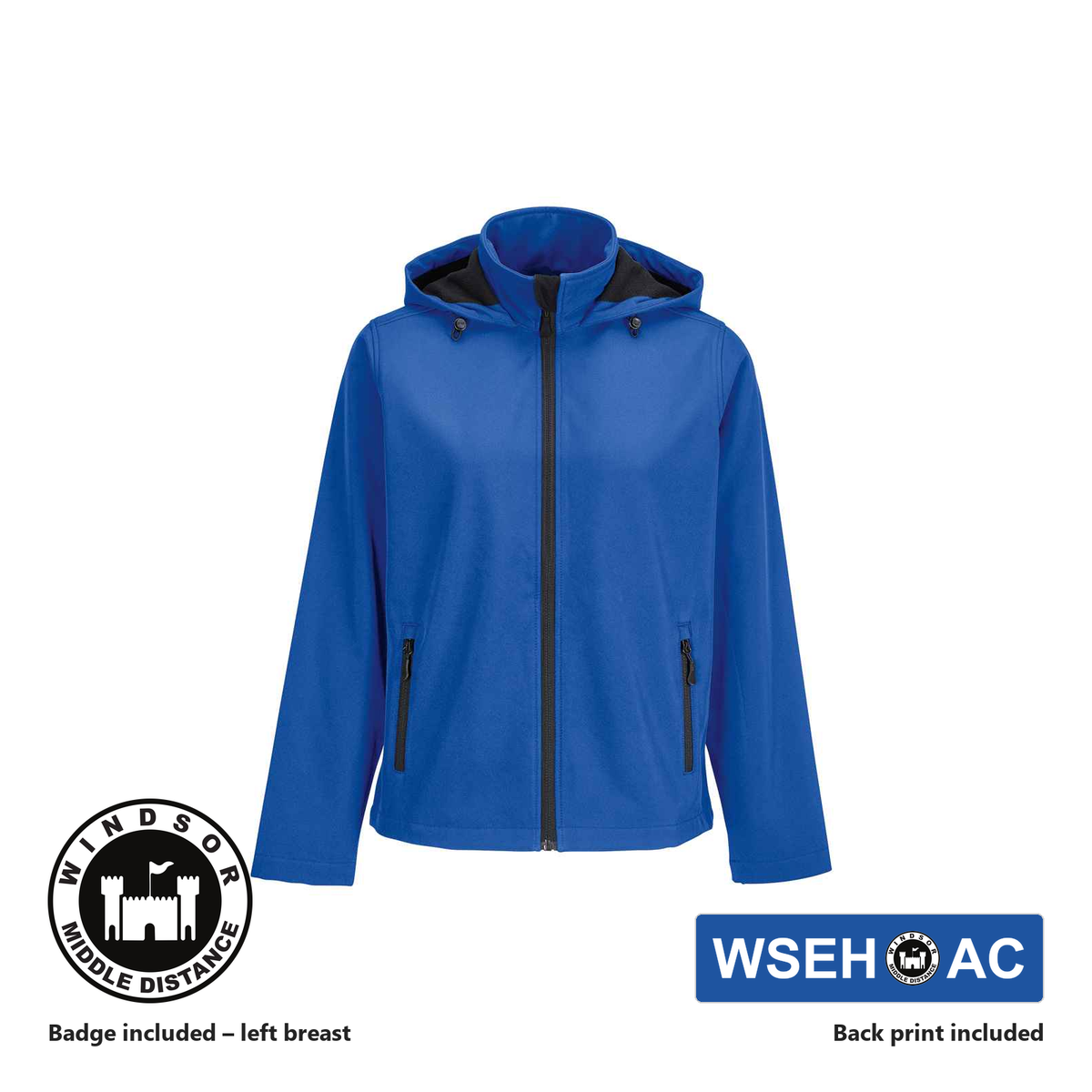 Windsor Middle Distance SOL'S Ladies Hooded Soft Shell Jacket in Royal Blue, club badge included on the left breast, WSEH AC back print included