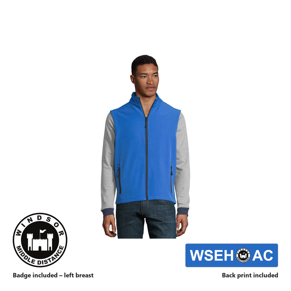 Windsor Middle Distance SOL'S Mens Soft Shell Bodywarmer in Royal Blue, club badge included on the left breast, WSEH AC back print included