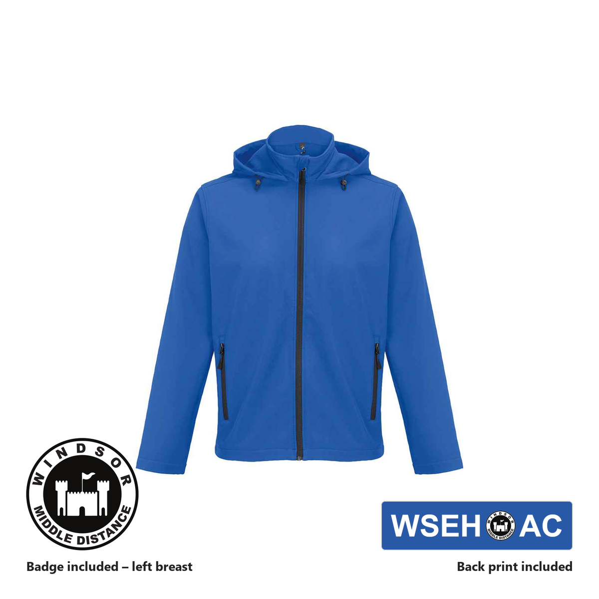 Windsor Middle Distance SOL'S Mens Hooded Soft Shell Jacket in Royal Blue, club badge included on the left breast, WSEH AC back print included