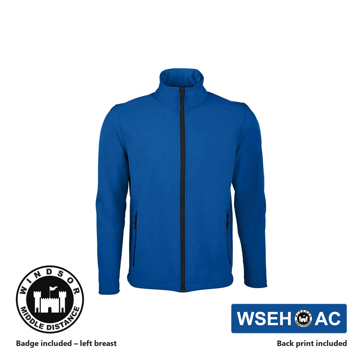 Windsor Middle Distance SOL'S Mens Soft Shell Jacket in Royal Blue, club badge included on the left breast, WSEH AC back print included